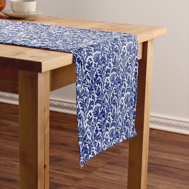 William Morris Thistle Damask, Cobalt Blue & White Short Table Runner (In Situ)