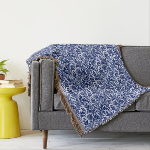 William Morris Thistle Damask, Cobalt Blue & White Throw Blanket