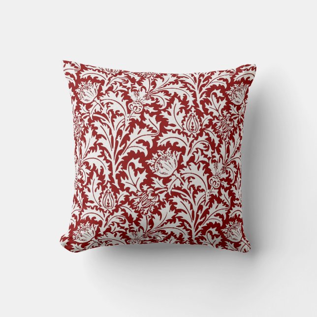 William Morris Thistle Damask, Dark Red & White Cushion (Front)