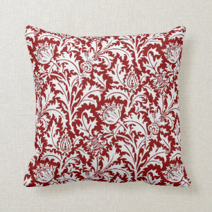William Morris Thistle Damask, Dark Red & White Cushion
