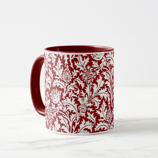 William Morris Thistle Damask, Dark Red & White Mug (Front Left)