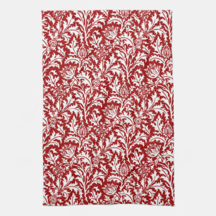 William Morris Thistle Damask, Dark Red & White Tea Towel