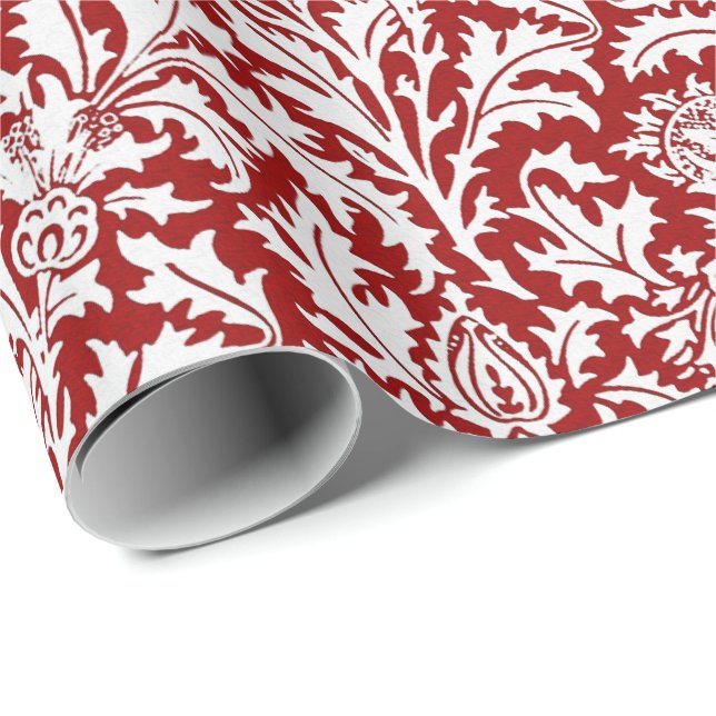 William Morris Thistle Damask, Dark Red & White Wrapping Paper (Roll Corner)