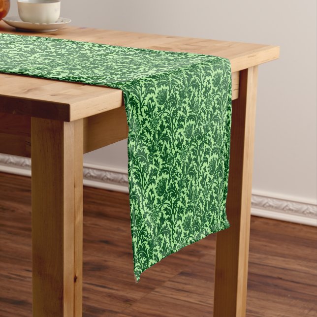 William Morris Thistle Damask, Emerald Green Short Table Runner (In Situ)