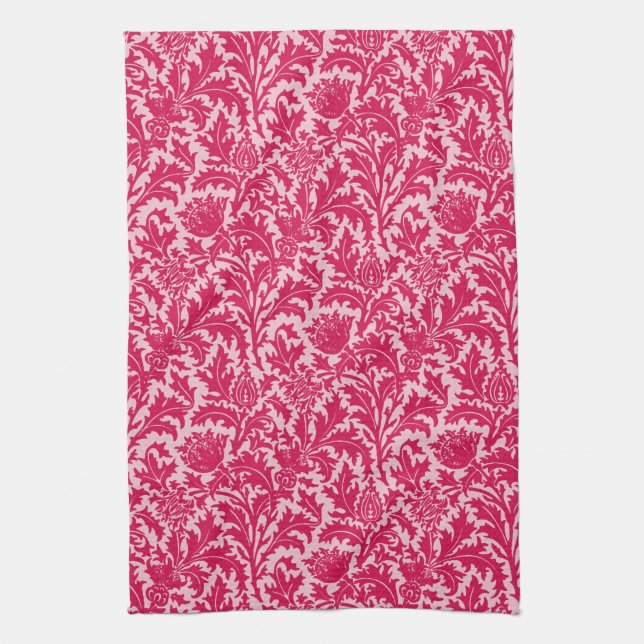 William Morris Thistle Damask, Fuchsia Pink Tea Towel (Vertical)