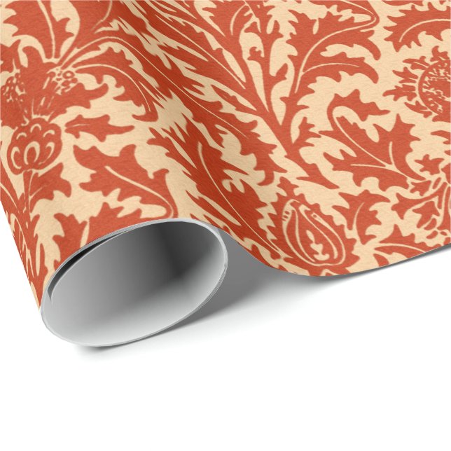 William Morris Thistle Damask, Mandarin Orange Wrapping Paper (Roll Corner)