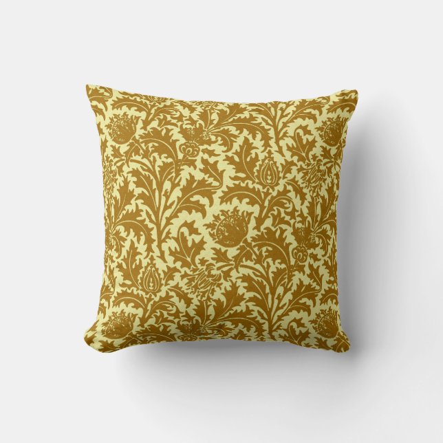 William Morris Thistle Damask, Mustard Gold Cushion (Front)