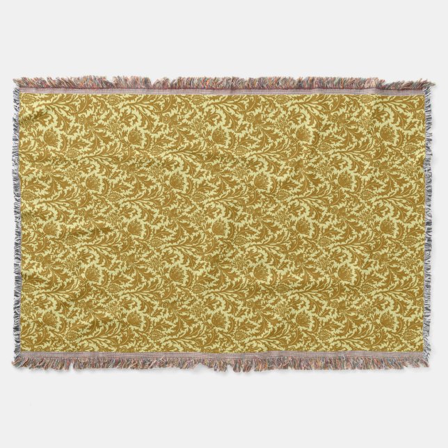 William Morris Thistle Damask, Mustard Gold Throw Blanket (Front)