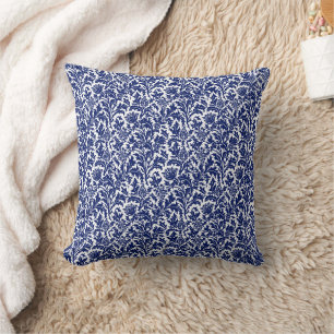 William Morris Thistle Damask Navy Blue on White Cushion