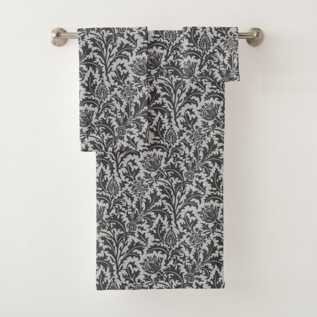 William Morris Thistle Damask, Silver Grey / Grey Bath Towel Set (Insitu)