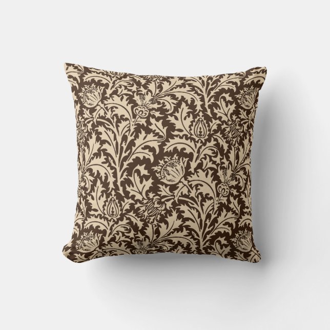 William Morris Thistle Damask, Taupe Tan & Beige Cushion (Front)