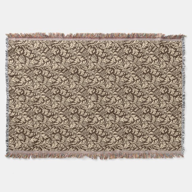 William Morris Thistle Damask, Taupe Tan & Beige Throw Blanket (Front)