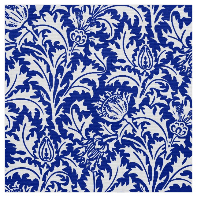 William Morris Thistle Damask White on Cobalt Blue Fabric (Swatch)