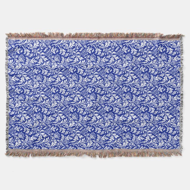 William Morris Thistle Damask White on Cobalt Blue Throw Blanket (Front)