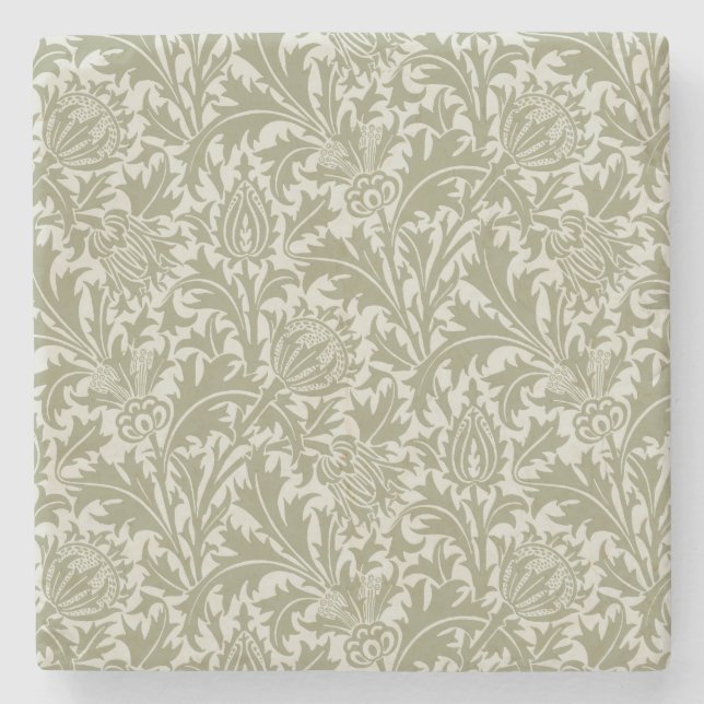 William Morris Thistle Sage Green Pattern Stone Coaster (Front)
