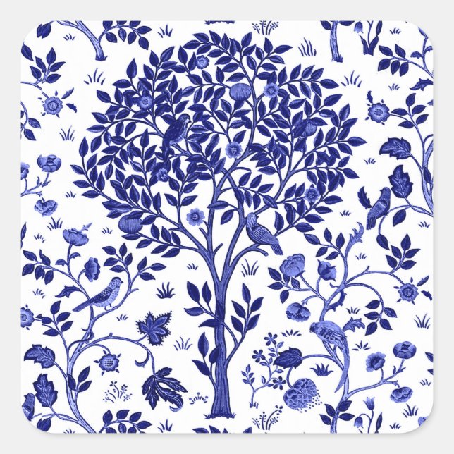 William Morris Tree of Life, Cobalt Blue and White Square Sticker (Front)