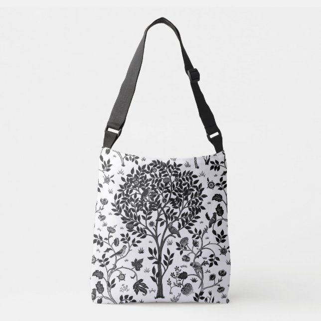 William Morris Tree of Life Pattern, Black & White Crossbody Bag (Front)