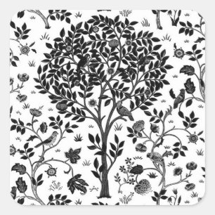 William Morris Tree of Life Pattern, Black & White Square Sticker