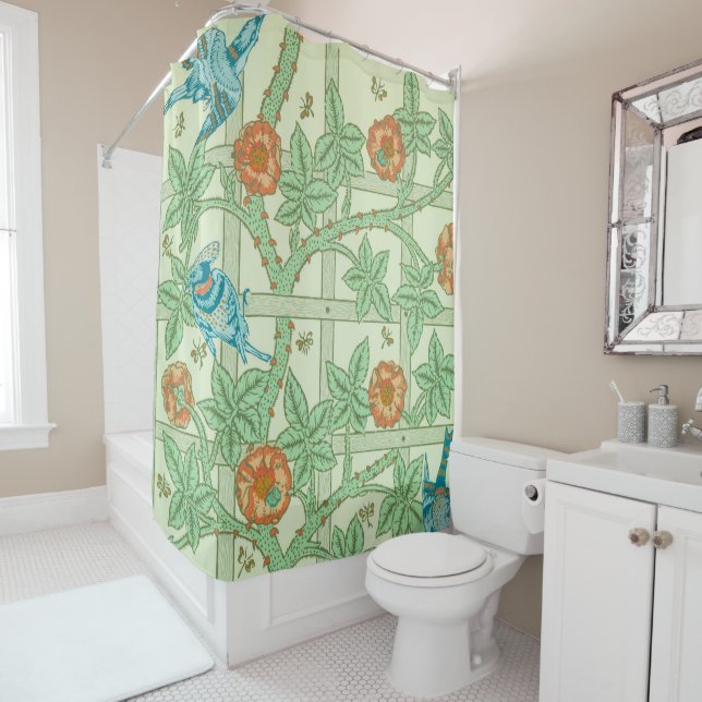 William Morris Trellis Bird Floral Pattern Shower Curtain (In Situ)