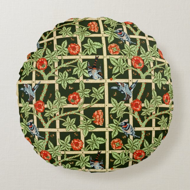 William Morris Trellis Pattern in Green Round Cushion (Front)