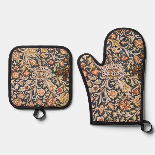William Morris Trent Garden Flower Pattern Classic Oven Mitt & Pot Holder Set (Front)