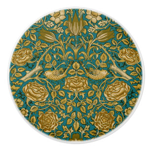 William Morris Tudor Rose Pattern Blue Golden Ceramic Knob