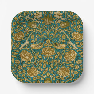 William Morris Tudor Rose Pattern Blue Golden Paper Plate