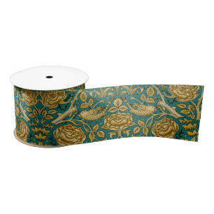 William Morris Tudor Rose Pattern Blue Golden Satin Ribbon