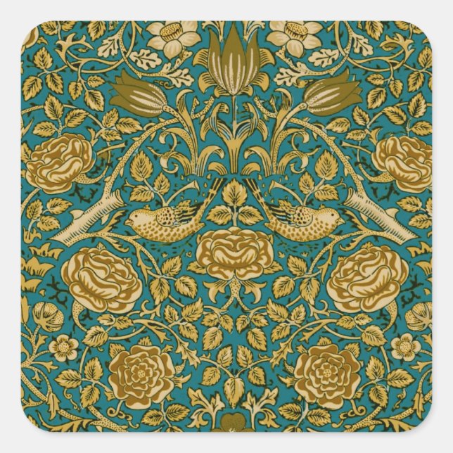 William Morris Tudor Rose Pattern Blue Golden Square Sticker (Front)