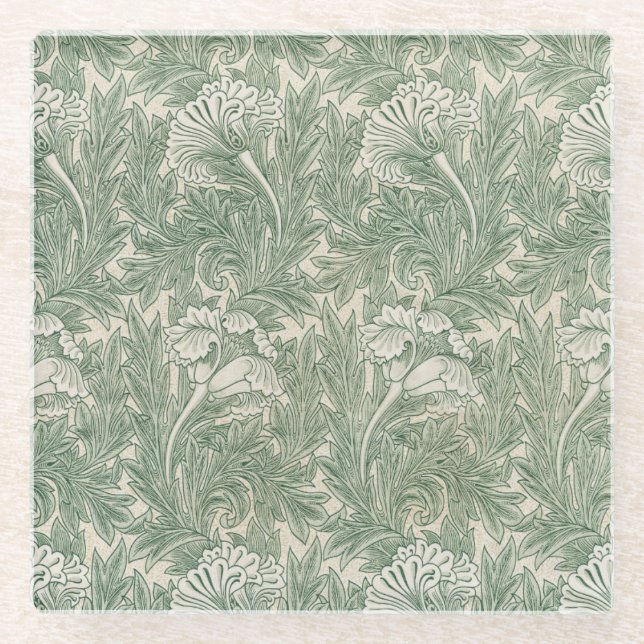 William Morris tulip wallpaper textile green Glass Coaster (Front)