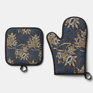 William Morris Tulip Willow Pattern Blue Floral Oven Mitt & Pot Holder Set