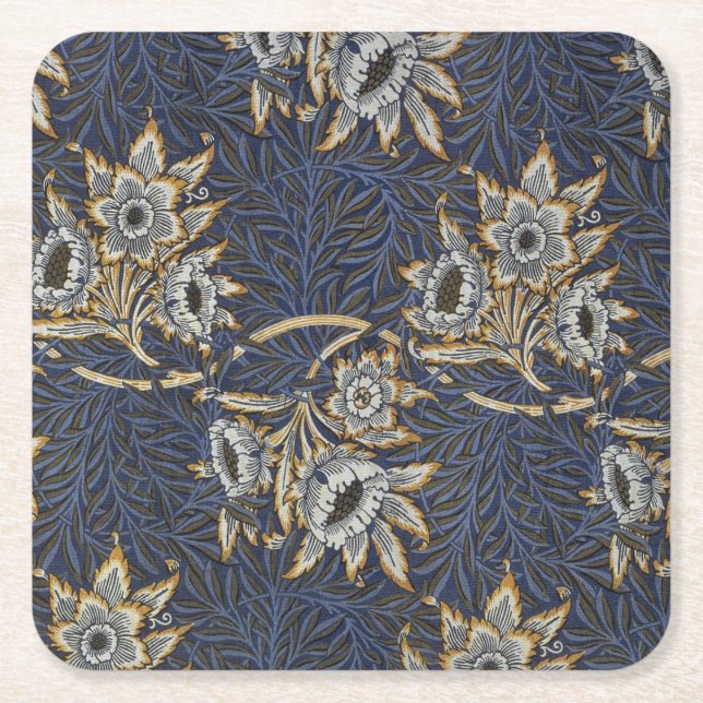 William Morris Tulip Willow Pattern Blue Floral Square Paper Coaster (Front)