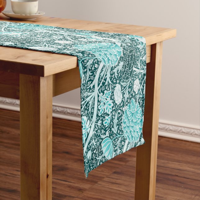 William Morris Turquoise Teal Floral Pattern Short Table Runner (In Situ)