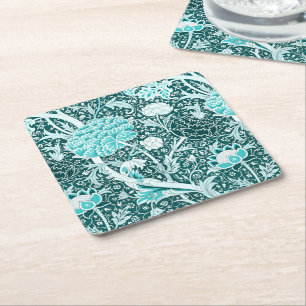 William Morris Turquoise Teal Floral Pattern Square Paper Coaster
