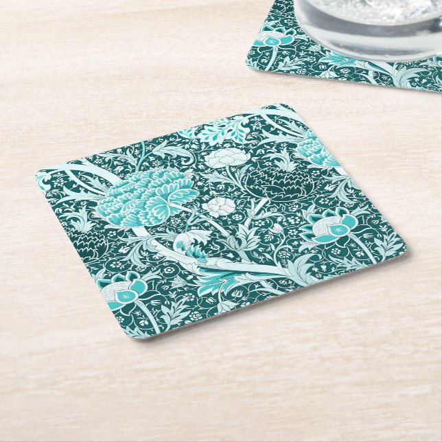 William Morris Turquoise Teal Floral Pattern Square Paper Coaster (Angled)