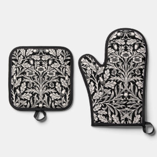 William Morris Vintage Black White Oak Pattern Oven Mitt & Pot Holder Set