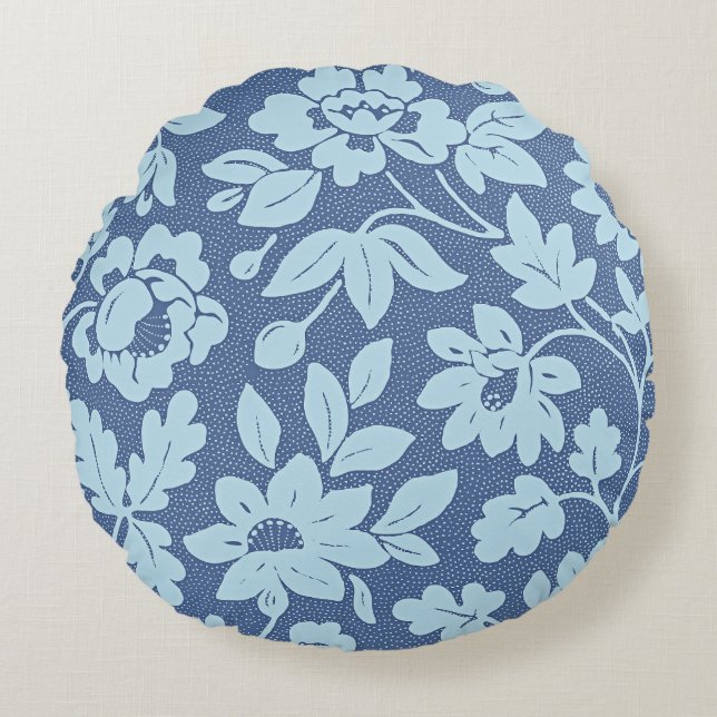 William Morris, vintage blue blossoms, Round Cushion (Front)