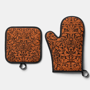 William Morris Vintage Burnt Orange Black Pattern Oven Mitt & Pot Holder Set