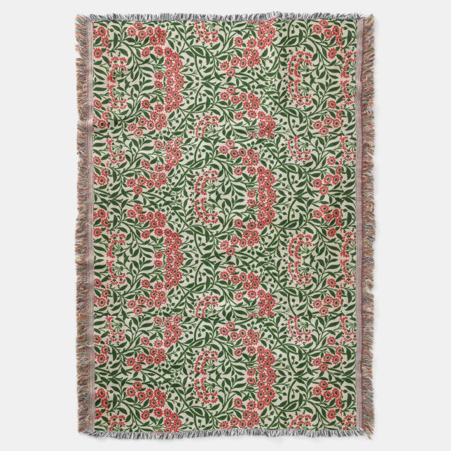 William Morris Vintage Daisy Flowers Pink Green Throw Blanket (Front Vertical)