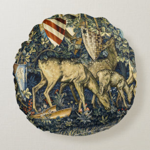 William Morris Vintage Deer & Shields Tapestry Art Round Cushion
