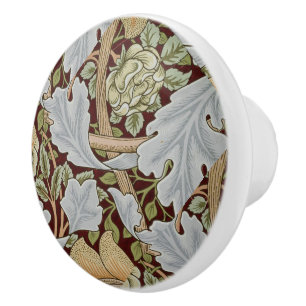 William Morris Vintage Floral Flower White Red   Ceramic Knob