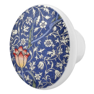 William Morris Vintage Floral Tulip Blue White Red Ceramic Knob