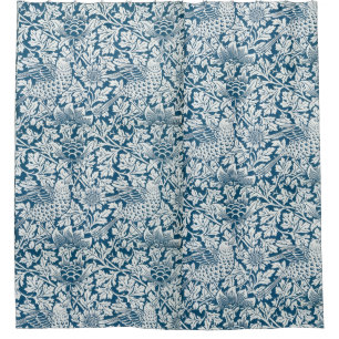 William Morris Vintage Flowers Birds Blue White Shower Curtain