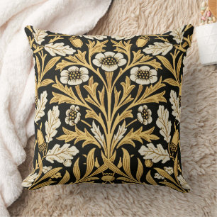 William Morris Vintage Gold Black Oak Pattern Cushion