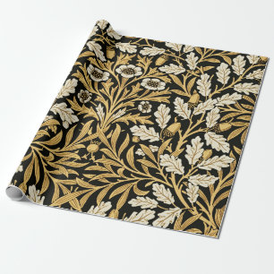 William Morris Vintage Gold Black Oak Pattern Wrapping Paper