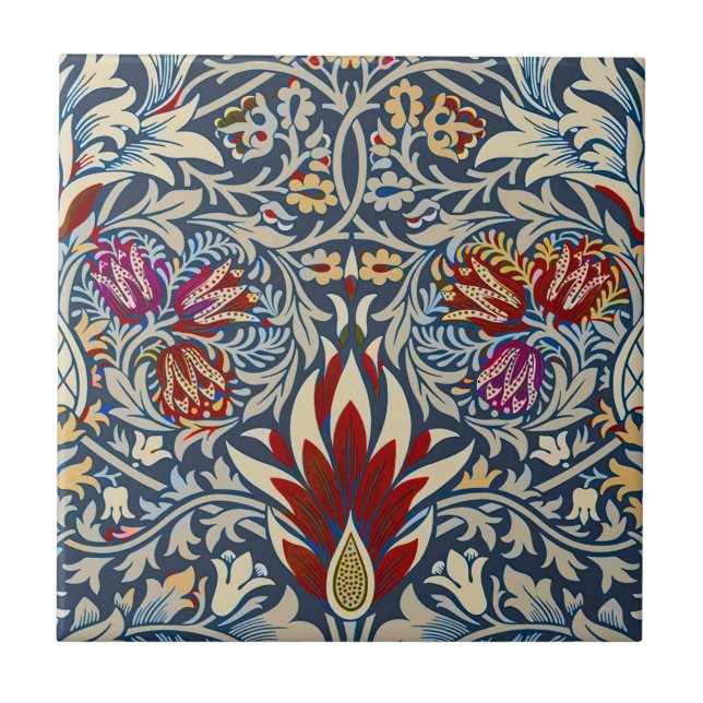 William Morris Vintage Indigo Floral Pattern Tile (Front)