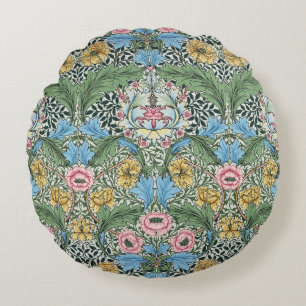 William Morris Vintage Myrtle Flowers Yellow Blue  Round Cushion