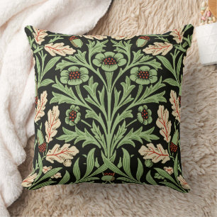 William Morris Vintage Oak Black Red Pattern Cushion