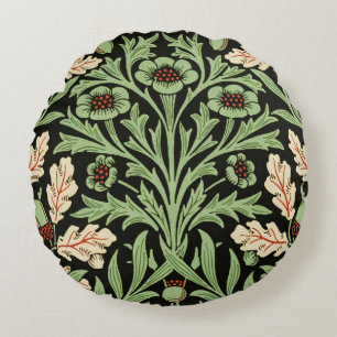 William Morris Vintage Oak Black Red Pattern Round Cushion