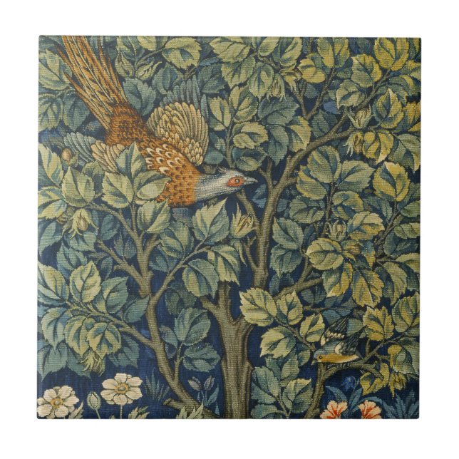 William Morris Vintage Pheasant Squirrel Flower Tile (Front)
